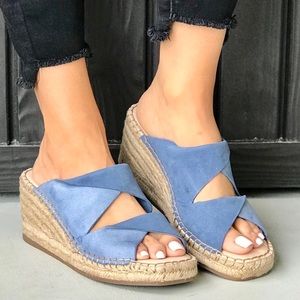 NIB Denim Blue Leather Espadrille Heel Mule Slides